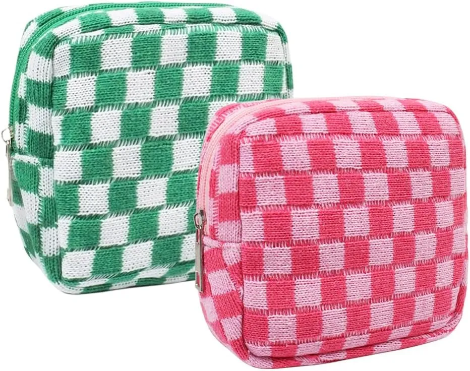 2 Pieces Makeup Bag Small, Mini Checkered Make Up Bag Travel Cute Cosmetic Bags for Women Preppy Makeup Pouch for Purse Zipper Makeup Organizer Case Period Bag Sanitary Napkin Storage Bag for Girls