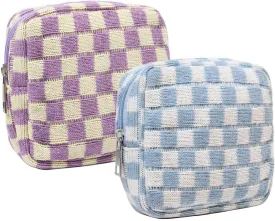 2 Pieces Makeup Bag Small, Mini Checkered Make Up Bag Travel Cute Cosmetic Bags for Women Preppy Makeup Pouch for Purse Zipper Makeup Organizer Case Period Bag Sanitary Napkin Storage Bag for Girls