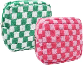 2 Pieces Makeup Bag Small, Mini Checkered Make Up Bag Travel Cute Cosmetic Bags for Women Preppy Makeup Pouch for Purse Zipper Makeup Organizer Case Period Bag Sanitary Napkin Storage Bag for Girls