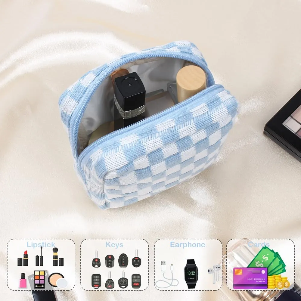 2 Pieces Makeup Bag Small, Mini Checkered Make Up Bag Travel Cute Cosmetic Bags for Women Preppy Makeup Pouch for Purse Zipper Makeup Organizer Case Period Bag Sanitary Napkin Storage Bag for Girls