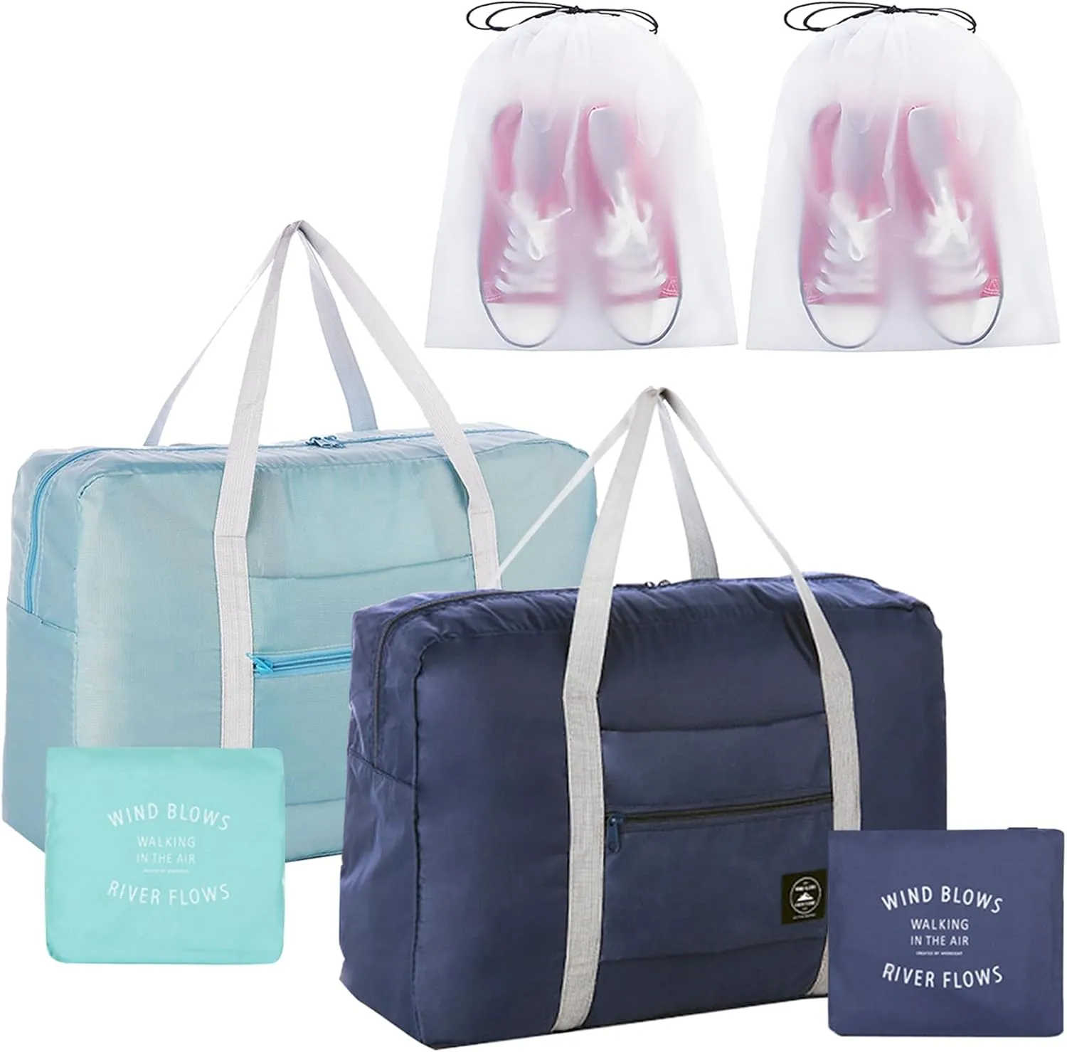 2PCS Travel Duffle Bag Tote Carry on Bag Nylon Lightweight Foldable Travel Bag Water Resistant Sports Gym Duffle Weekender Overnight Bag (Blue Green 2Pe bag)