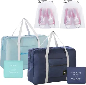 2PCS Travel Duffle Bag Tote Carry on Bag Nylon Lightweight Foldable Travel Bag Water Resistant Sports Gym Duffle Weekender Overnight Bag (Blue Green 2Pe bag)