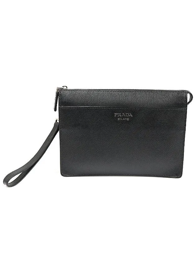 2VF019 Black Saffiano Cuir Silver Lettering Logo Strap Pouch Clutch
