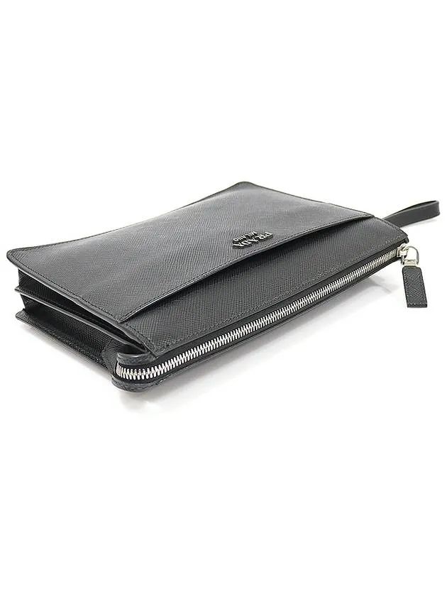 2VF019 Black Saffiano Cuir Silver Lettering Logo Strap Pouch Clutch