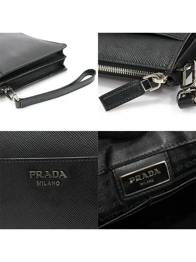 2VF019 Black Saffiano Cuir Silver Lettering Logo Strap Pouch Clutch