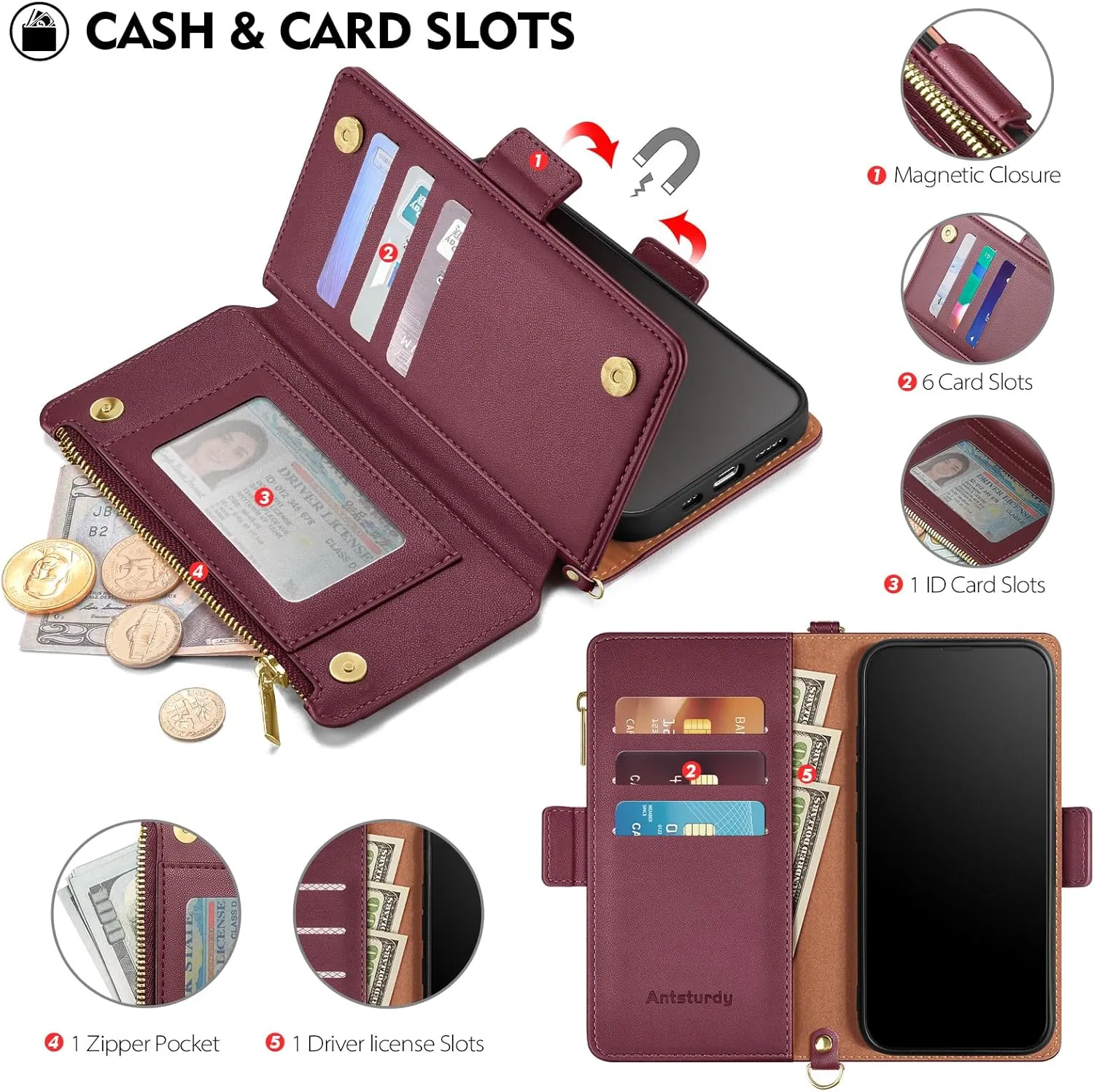Antsturdy Compatible with iPhone 12 Wallet Case for WomenRFID Blocking Crossbody Phone Case PU Leather Zipper with Wrist Strap Flip Cover Credit Card Holder,for Apple 12 Pro 6.1",Wine Red
