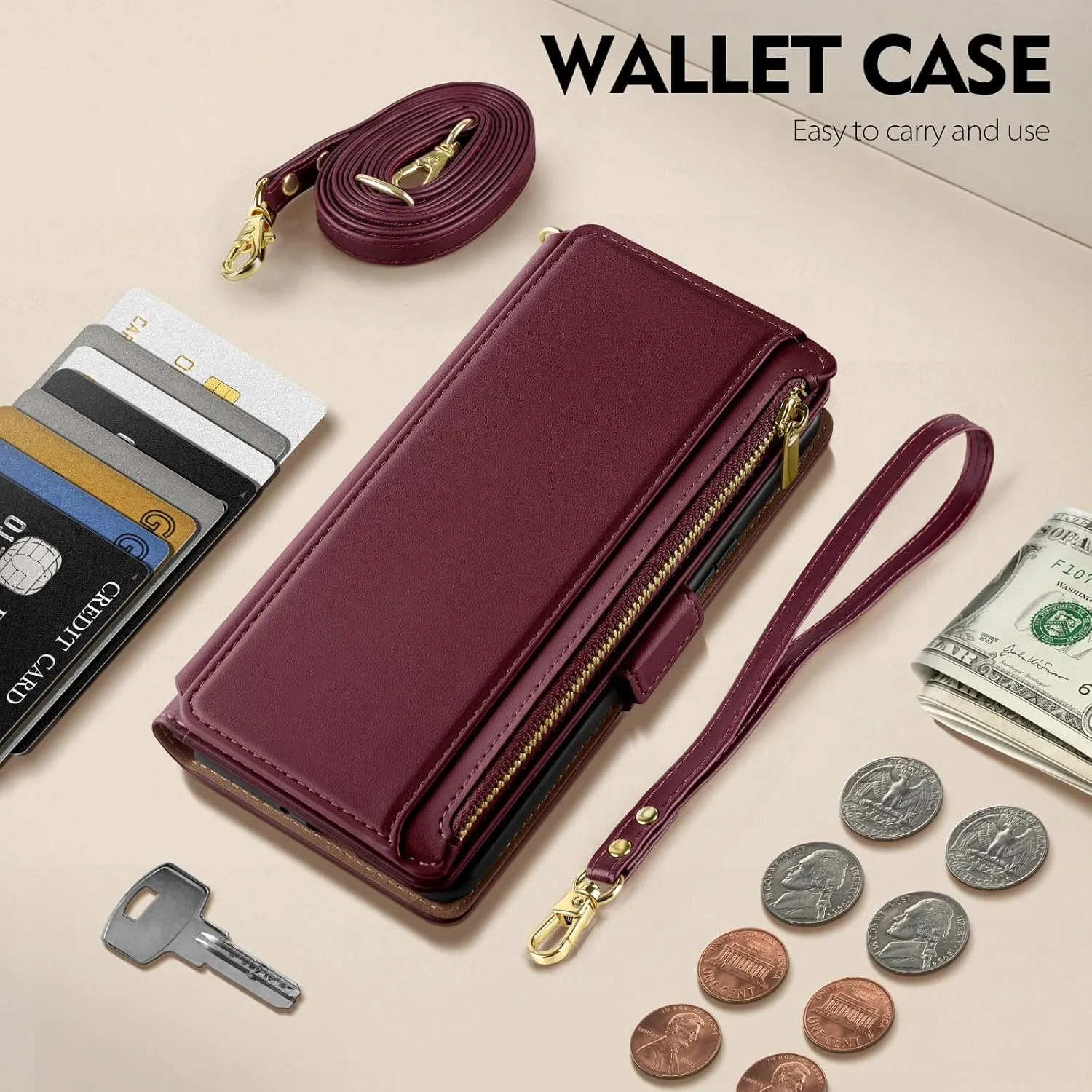 Antsturdy Compatible with iPhone 12 Wallet Case for WomenRFID Blocking Crossbody Phone Case PU Leather Zipper with Wrist Strap Flip Cover Credit Card Holder,for Apple 12 Pro 6.1",Wine Red