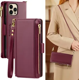Antsturdy Compatible with iPhone 12 Wallet Case for WomenRFID Blocking Crossbody Phone Case PU Leather Zipper with Wrist Strap Flip Cover Credit Card Holder,for Apple 12 Pro 6.1",Wine Red