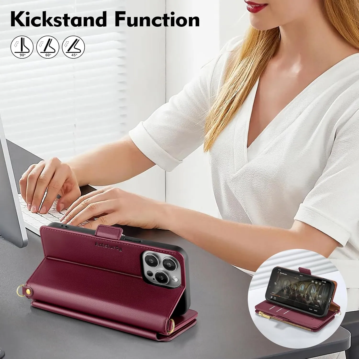 Antsturdy Compatible with iPhone 12 Wallet Case for WomenRFID Blocking Crossbody Phone Case PU Leather Zipper with Wrist Strap Flip Cover Credit Card Holder,for Apple 12 Pro 6.1",Wine Red