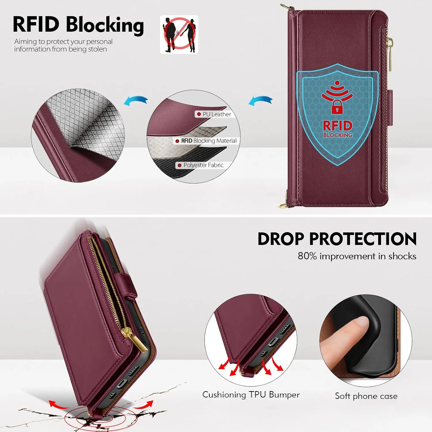 Antsturdy Compatible with iPhone 12 Wallet Case for WomenRFID Blocking Crossbody Phone Case PU Leather Zipper with Wrist Strap Flip Cover Credit Card Holder,for Apple 12 Pro 6.1",Wine Red
