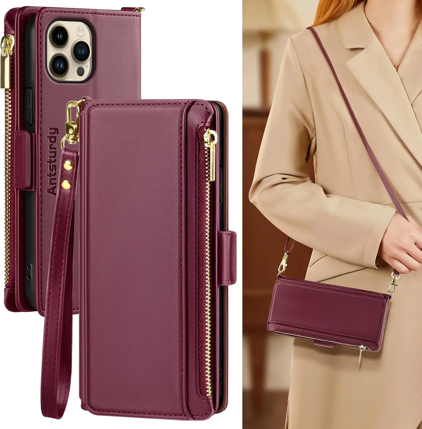 Antsturdy Compatible with iPhone 12 Wallet Case for WomenRFID Blocking Crossbody Phone Case PU Leather Zipper with Wrist Strap Flip Cover Credit Card Holder,for Apple 12 Pro 6.1",Wine Red