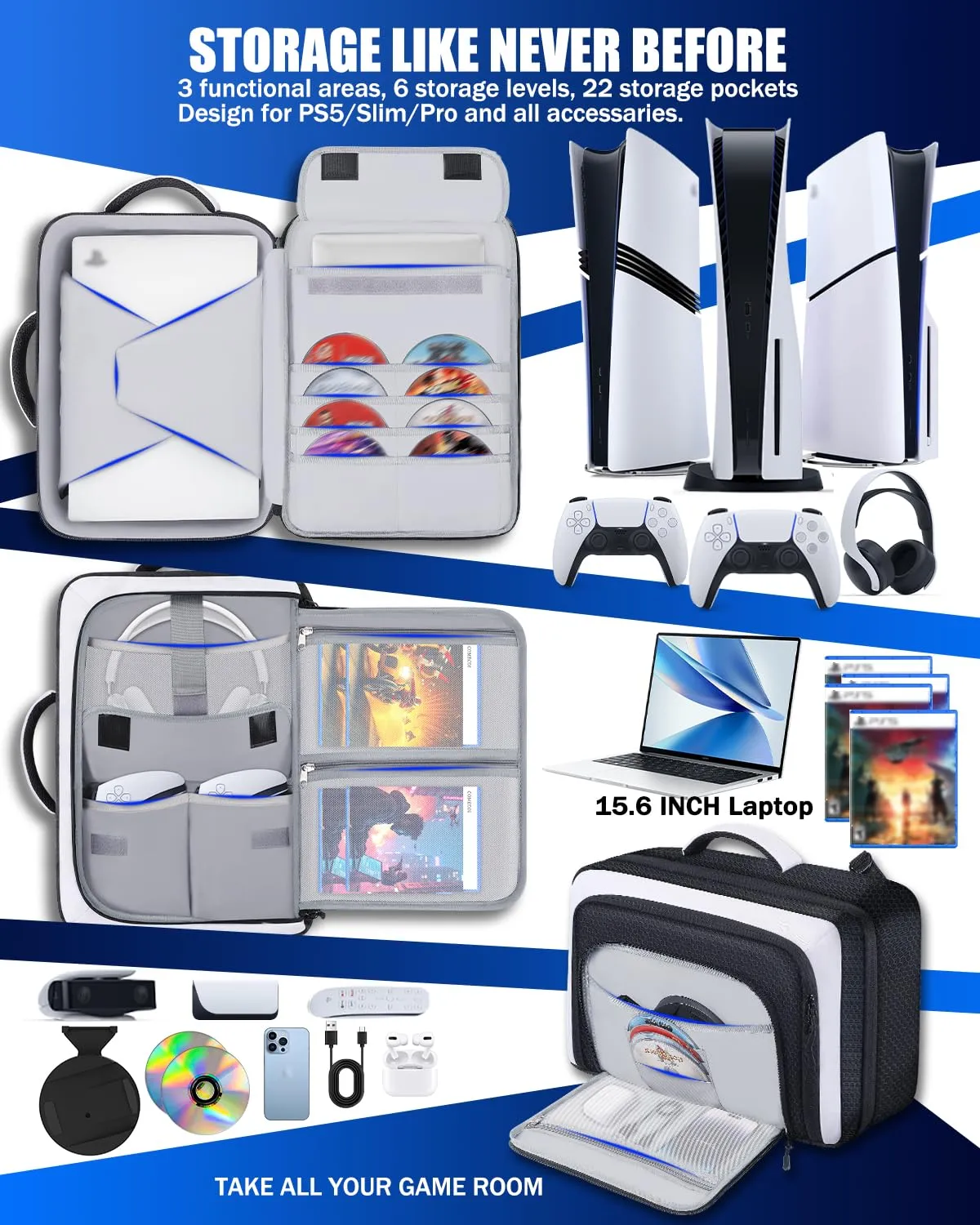 COMECOI Carrying Case for PS5, Travel Backpack for PS 5 Pro, Large Capacity Protective Storage Bag Compatible with Playstation 5 Disk/ Digital Edition Console, Controllers, Cards, Accessories