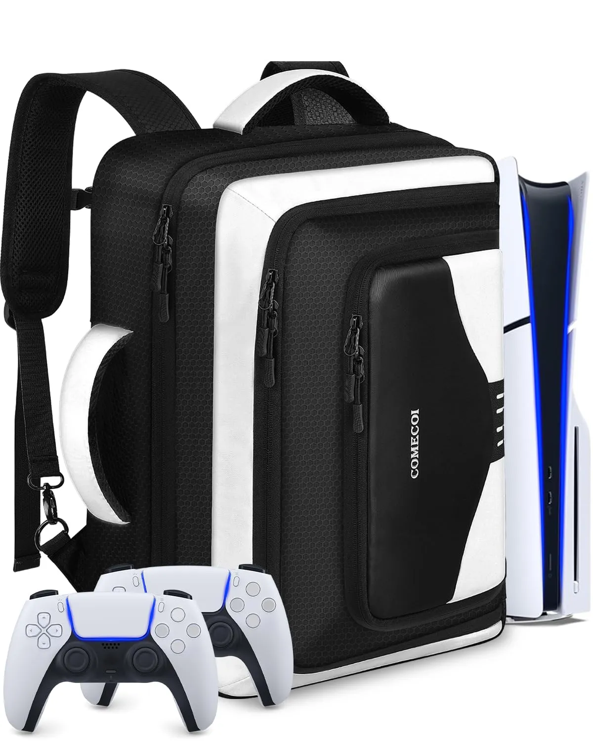 COMECOI Carrying Case for PS5, Travel Backpack for PS 5 Pro, Large Capacity Protective Storage Bag Compatible with Playstation 5 Disk/ Digital Edition Console, Controllers, Cards, Accessories