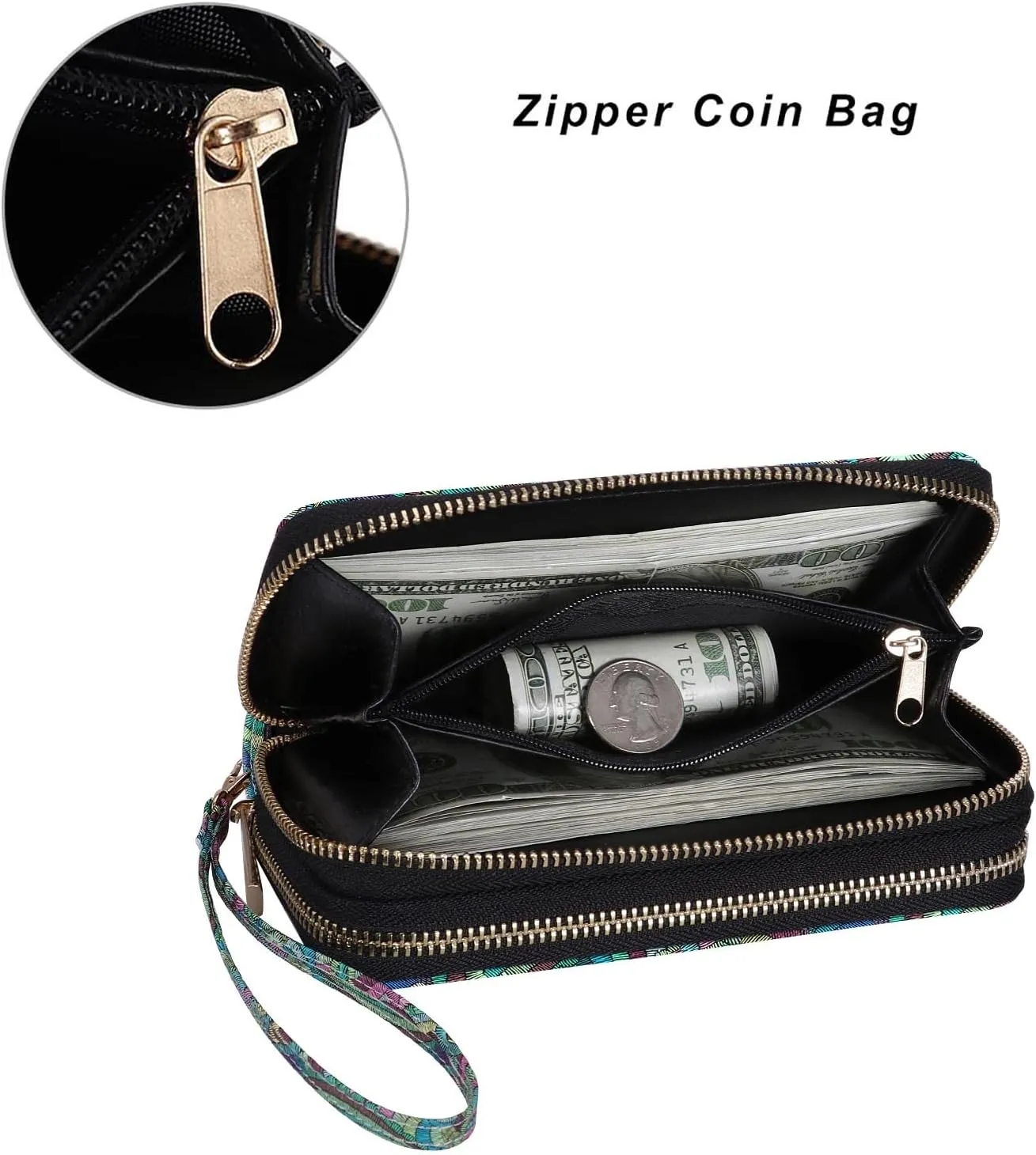Double Zipper Wallet for Woman Clutch Purse with Cell Phone Holder for Smartphone/Card/Coin/Cash