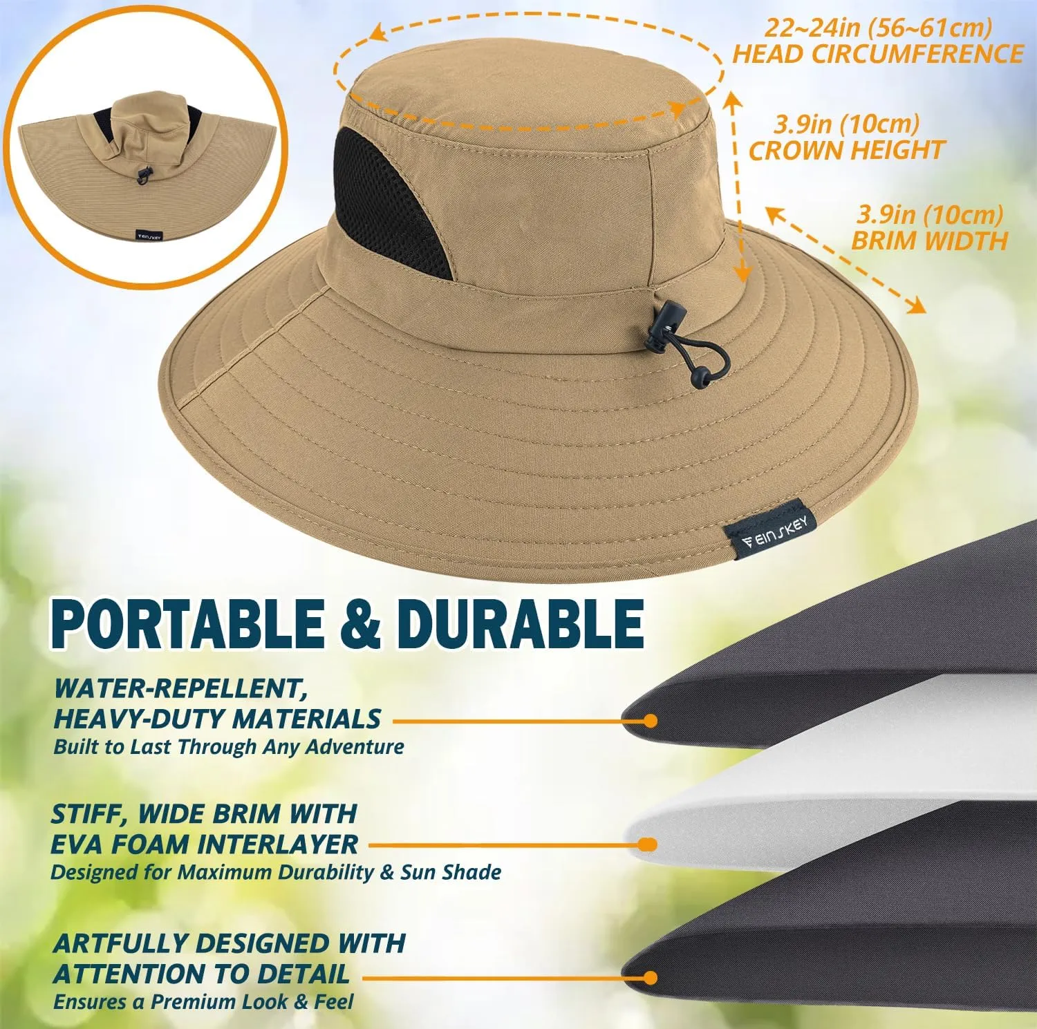 EINSKEY Wide Brim Sun Hat, UPF 50  UV Protection Waterproof Packable Bucket Hat for Men & Women, Fishing Hiking Beach Garden