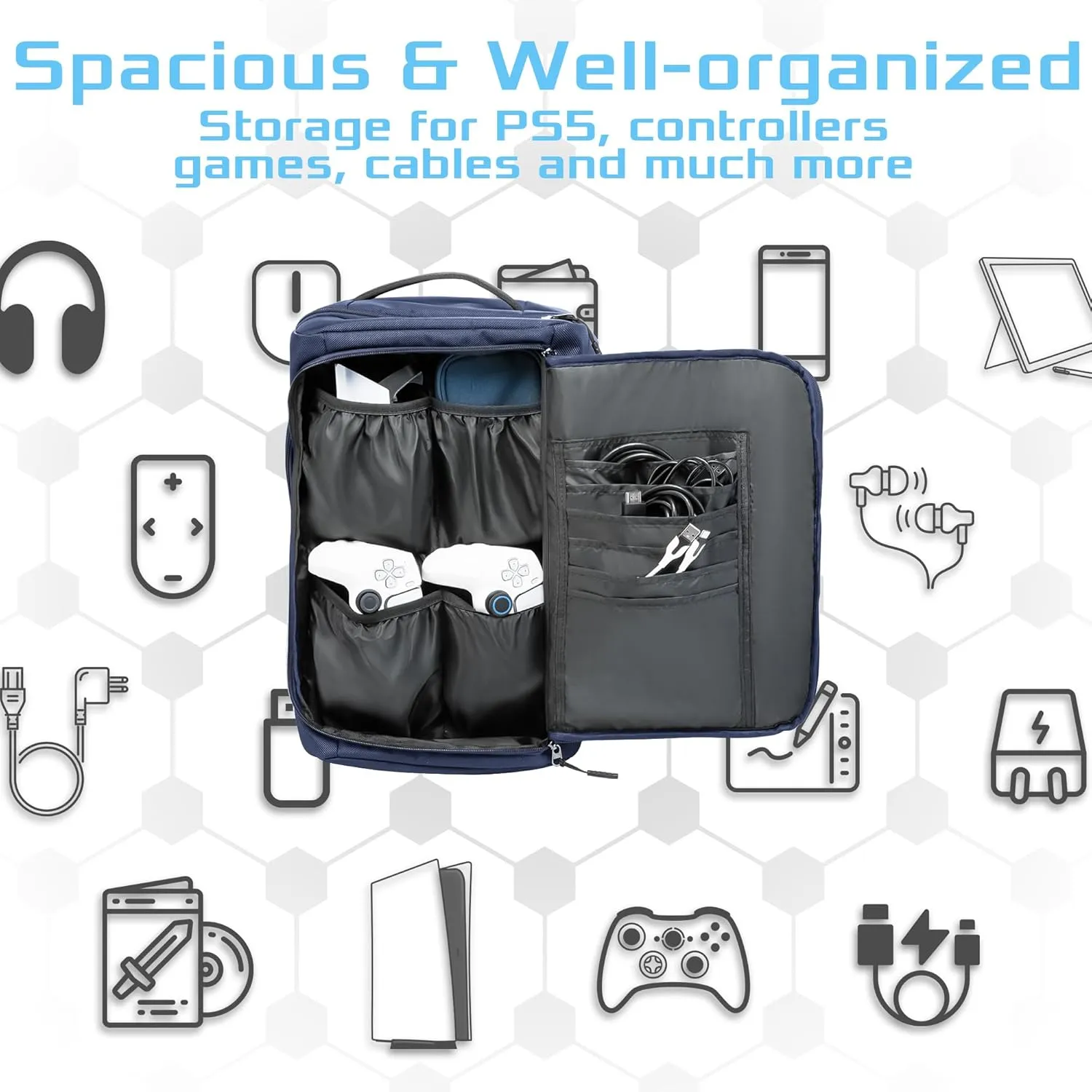 Ezgnuk Game Backpack for PS5 Console, Protective Travel Carrying Case, Large Capacity Storage Bag with Zippered Pocket for PlayStation 5, Laptop, Headphones, Game Discs and Accessories