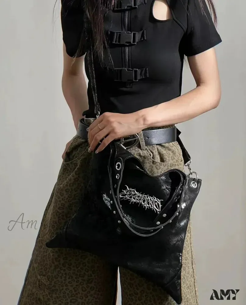 Gothic Vintage Dark PU Large Grunge Leather Messenger Bag Rivet Capacity Black