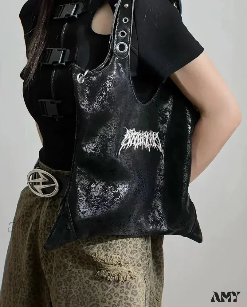 Gothic Vintage Dark PU Large Grunge Leather Messenger Bag Rivet Capacity Black