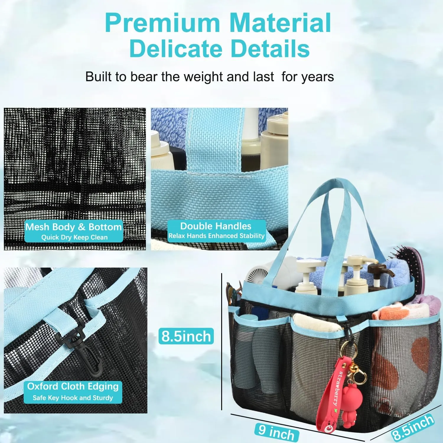 Haundry Mesh Shower Caddy Tote, Large College Dorm Bathroom Organizer with 8 Pockets, Hanging Portable Tote Bag for College Dorm Room Essentials, Beach, Swimming, Gym, Camping