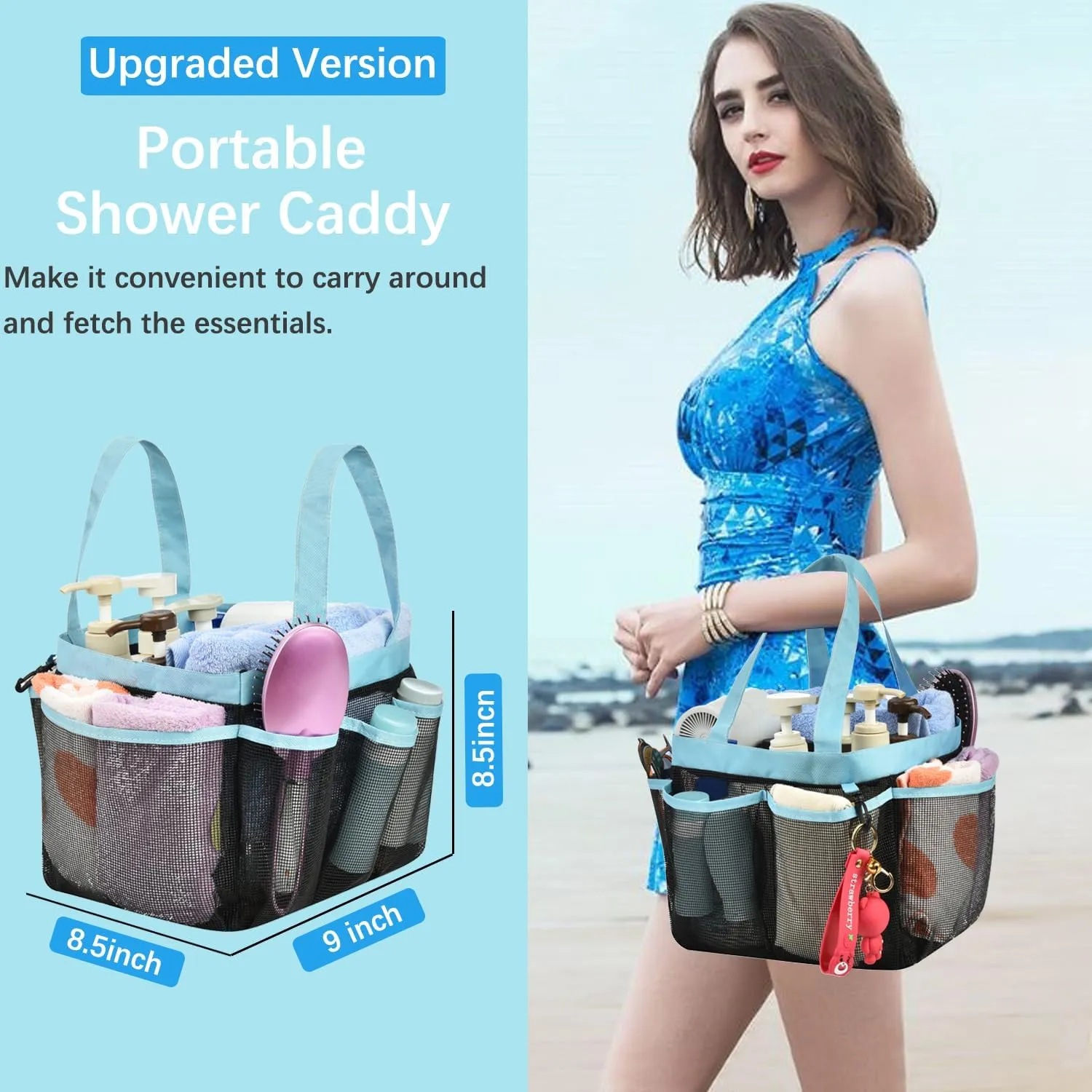 Haundry Mesh Shower Caddy Tote, Large College Dorm Bathroom Organizer with 8 Pockets, Hanging Portable Tote Bag for College Dorm Room Essentials, Beach, Swimming, Gym, Camping