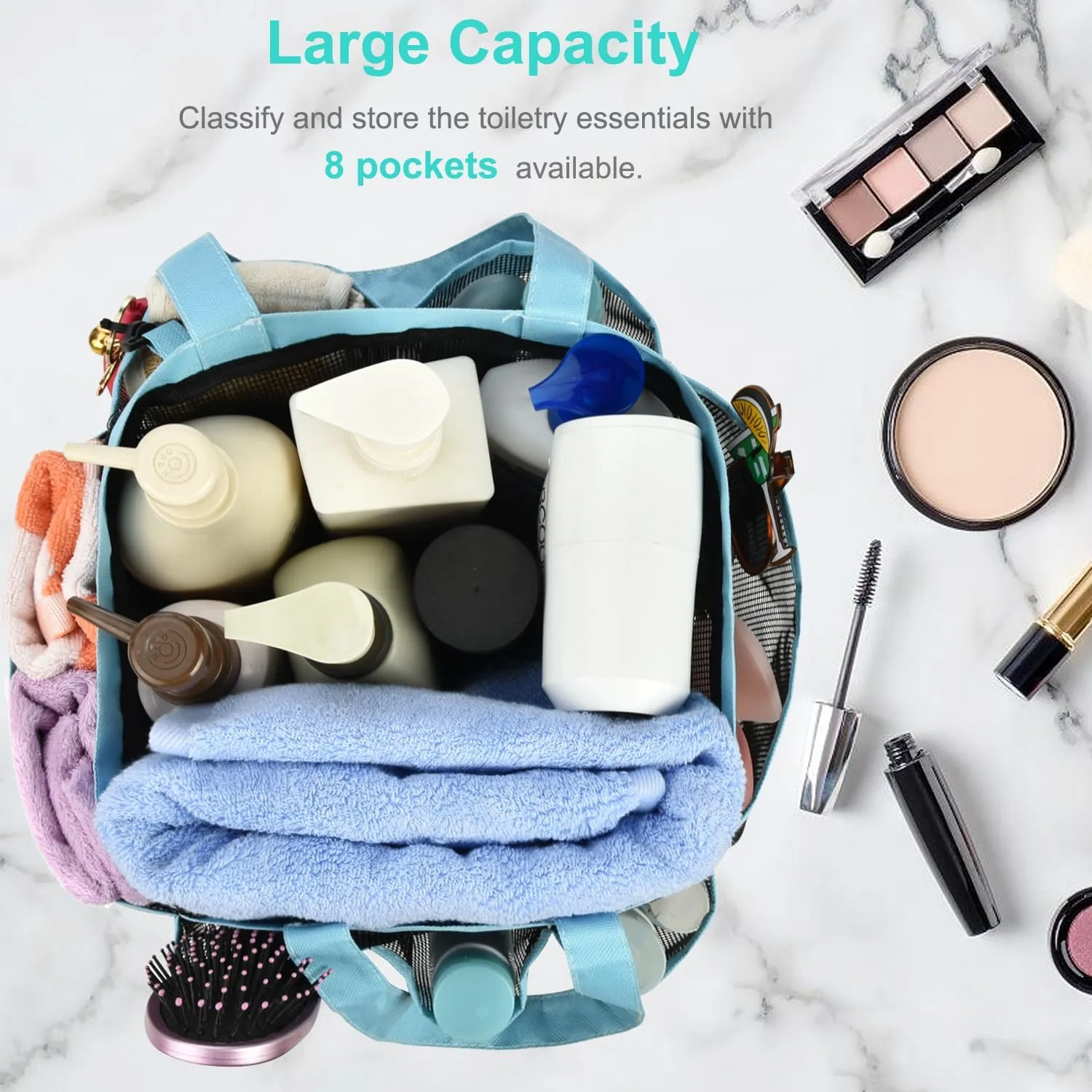 Haundry Mesh Shower Caddy Tote, Large College Dorm Bathroom Organizer with 8 Pockets, Hanging Portable Tote Bag for College Dorm Room Essentials, Beach, Swimming, Gym, Camping
