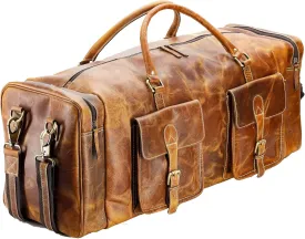 KomalC 28 inch Duffel Bag Travel Sports Overnight Weekend Leather Duffle Bag for Gym Sports Cabin Holdall bag (Distressed Tan)