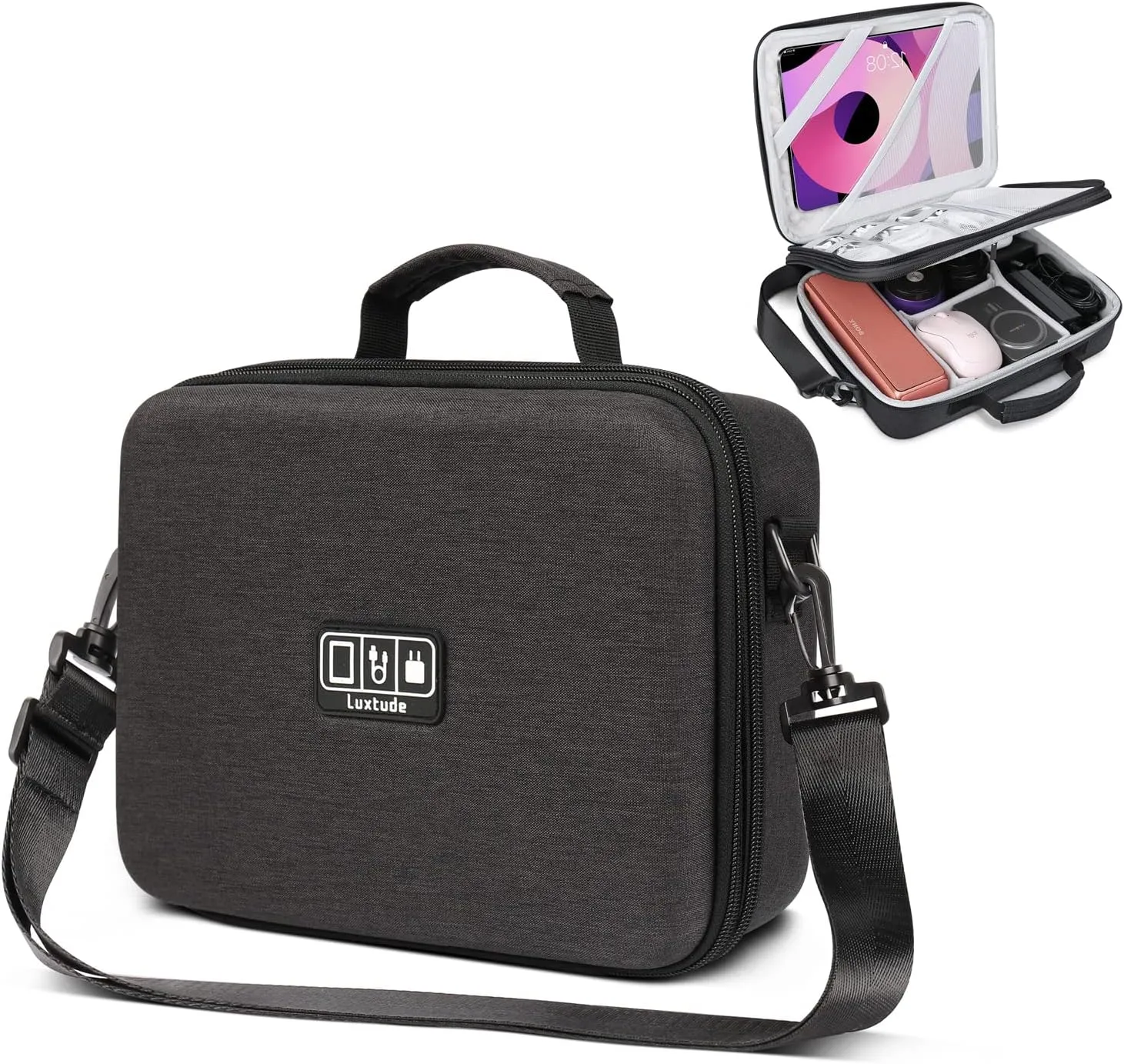 Luxtude Electronic Organizer Travel Case Large, Hard Case for Electronics, EVA Tech Organizers, Travel Cable Bag with Shoulder Strap, Charger Organizers Carrying Cases for iPad(Up to 11)