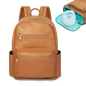 MOMINSIDE Small Diaper Bag Backpack, 13 Pockets Leather Mini Baby Bag Backpack, Breast Pump Bag, 13 Inch Laptop Sleeve, 2 Insulated Pockets, Bottom Compartment, Brown