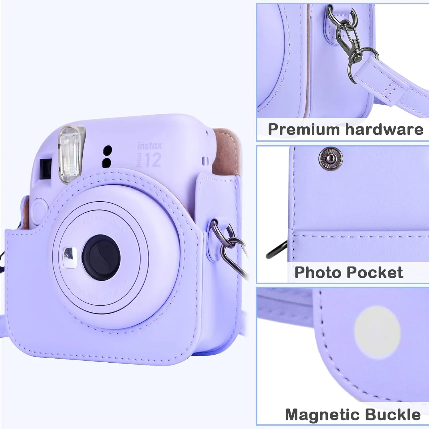 MUZIRI KINOKOO Protective Case for Fuji Instax Mini 12 Instant Camera - PU Leather Mini 12 Camera Case Bag with Photo Pocket - Adjustable Shoulder Strap - Purple