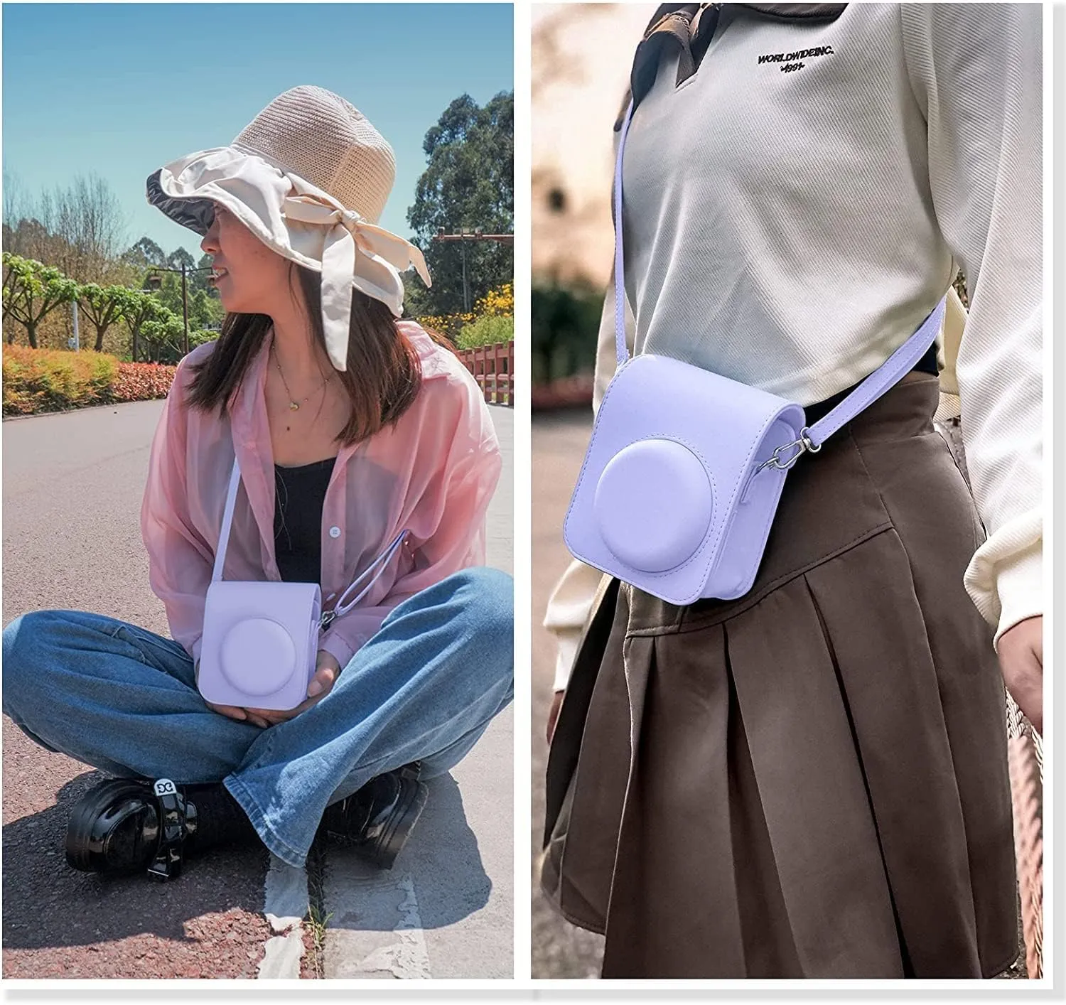 MUZIRI KINOKOO Protective Case for Fuji Instax Mini 12 Instant Camera - PU Leather Mini 12 Camera Case Bag with Photo Pocket - Adjustable Shoulder Strap - Purple