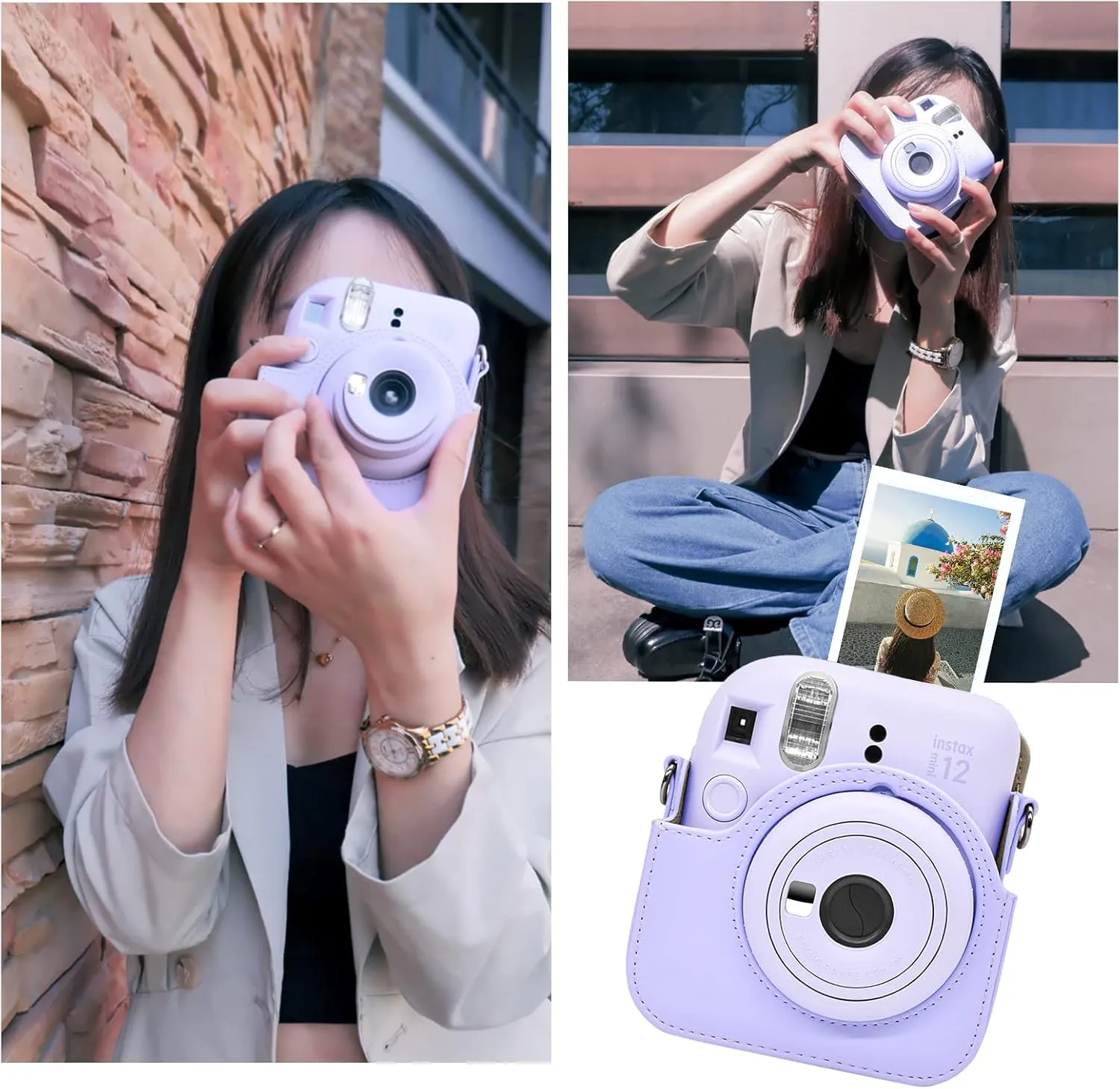 MUZIRI KINOKOO Protective Case for Fuji Instax Mini 12 Instant Camera - PU Leather Mini 12 Camera Case Bag with Photo Pocket - Adjustable Shoulder Strap - Purple