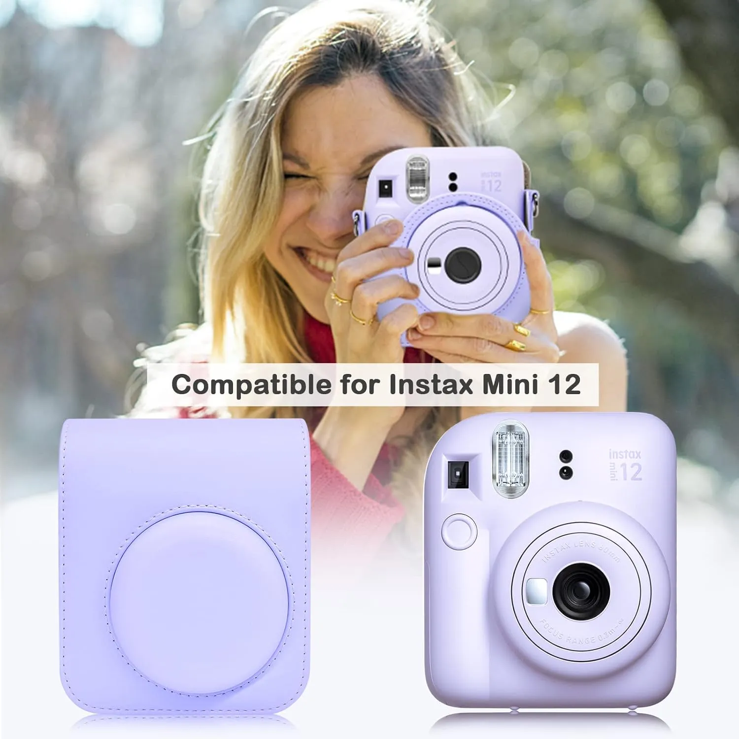 MUZIRI KINOKOO Protective Case for Fuji Instax Mini 12 Instant Camera - PU Leather Mini 12 Camera Case Bag with Photo Pocket - Adjustable Shoulder Strap - Purple