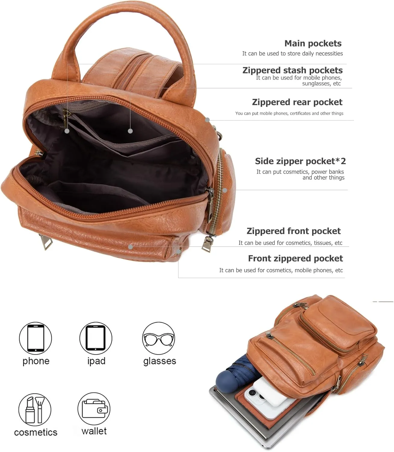 myfriday Vintage Backpack Purse for Women Ladies Leather Sling Backpack Purse Designer Convertible Travel Backpack (Brown)
