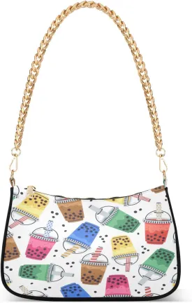 Pearls Bubble Boba Tea Womens Shoulder Bag for Women Girls Hobo Tote Handbag Gold Chain Crossbody Bag with Zipper Clutch Purse Handbags