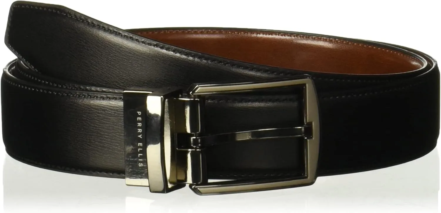 Perry Ellis Men's Portfolio Hi-lo Reversible Dress Belt, Matte Leather Blend, Stitched, 1.5 Width (Available in Big & Tall)