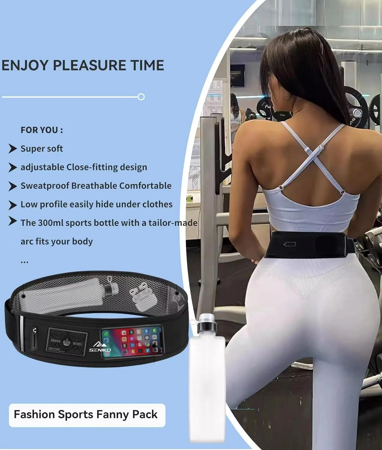 SENIKO Running Belt Hydration with Bottles,Fanny Pack Water Bottle Holder, Zipper Waist Pouch Fits Most phones,Zerobounce Design for Cycling Climbing Marathon (Watter Bottle Included)
