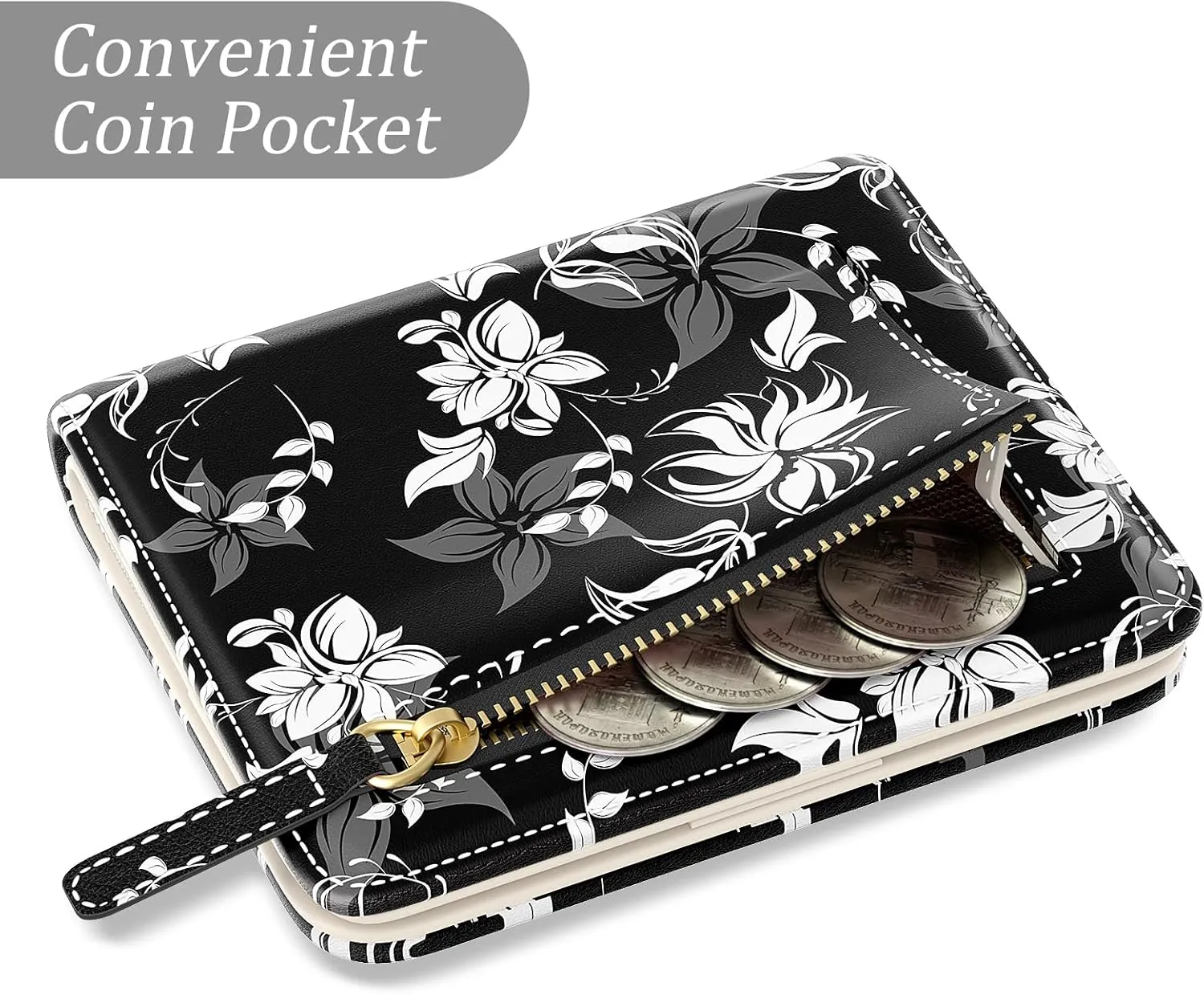 Small Wallet Women, Cute Flower Theme RFID Blocking Credit Card Holder for Women, Leather Billfold Slim Card Holder Wallets for Travel, Thin Bifold Pocket Mini Purse with ID Window, Black