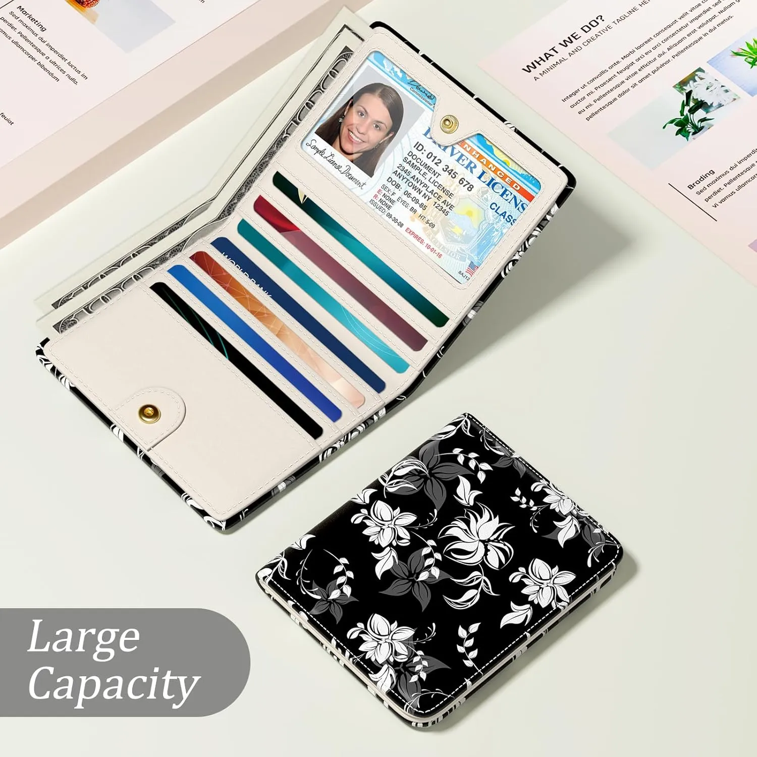 Small Wallet Women, Cute Flower Theme RFID Blocking Credit Card Holder for Women, Leather Billfold Slim Card Holder Wallets for Travel, Thin Bifold Pocket Mini Purse with ID Window, Black