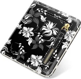 Small Wallet Women, Cute Flower Theme RFID Blocking Credit Card Holder for Women, Leather Billfold Slim Card Holder Wallets for Travel, Thin Bifold Pocket Mini Purse with ID Window, Black