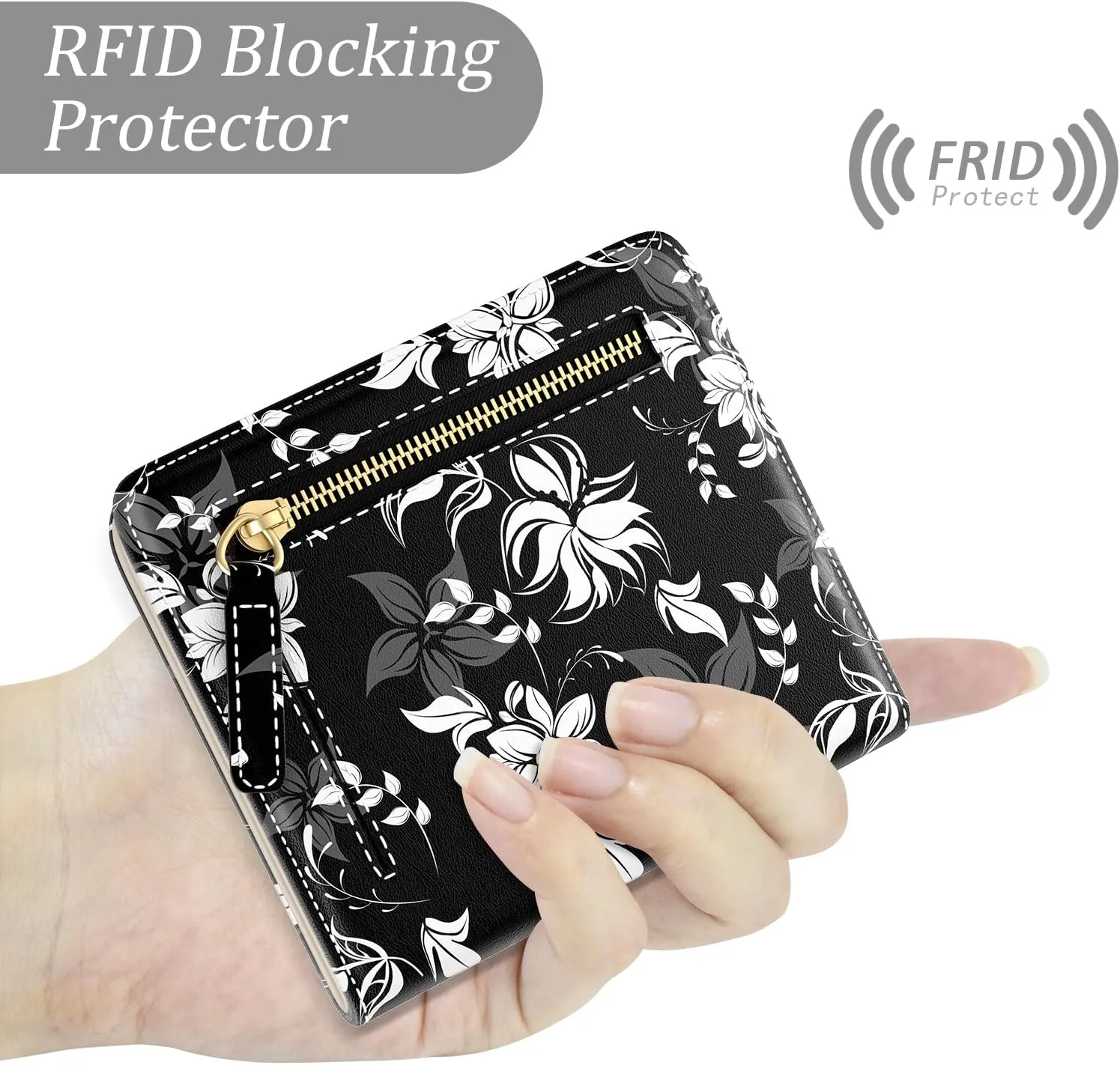 Small Wallet Women, Cute Flower Theme RFID Blocking Credit Card Holder for Women, Leather Billfold Slim Card Holder Wallets for Travel, Thin Bifold Pocket Mini Purse with ID Window, Black