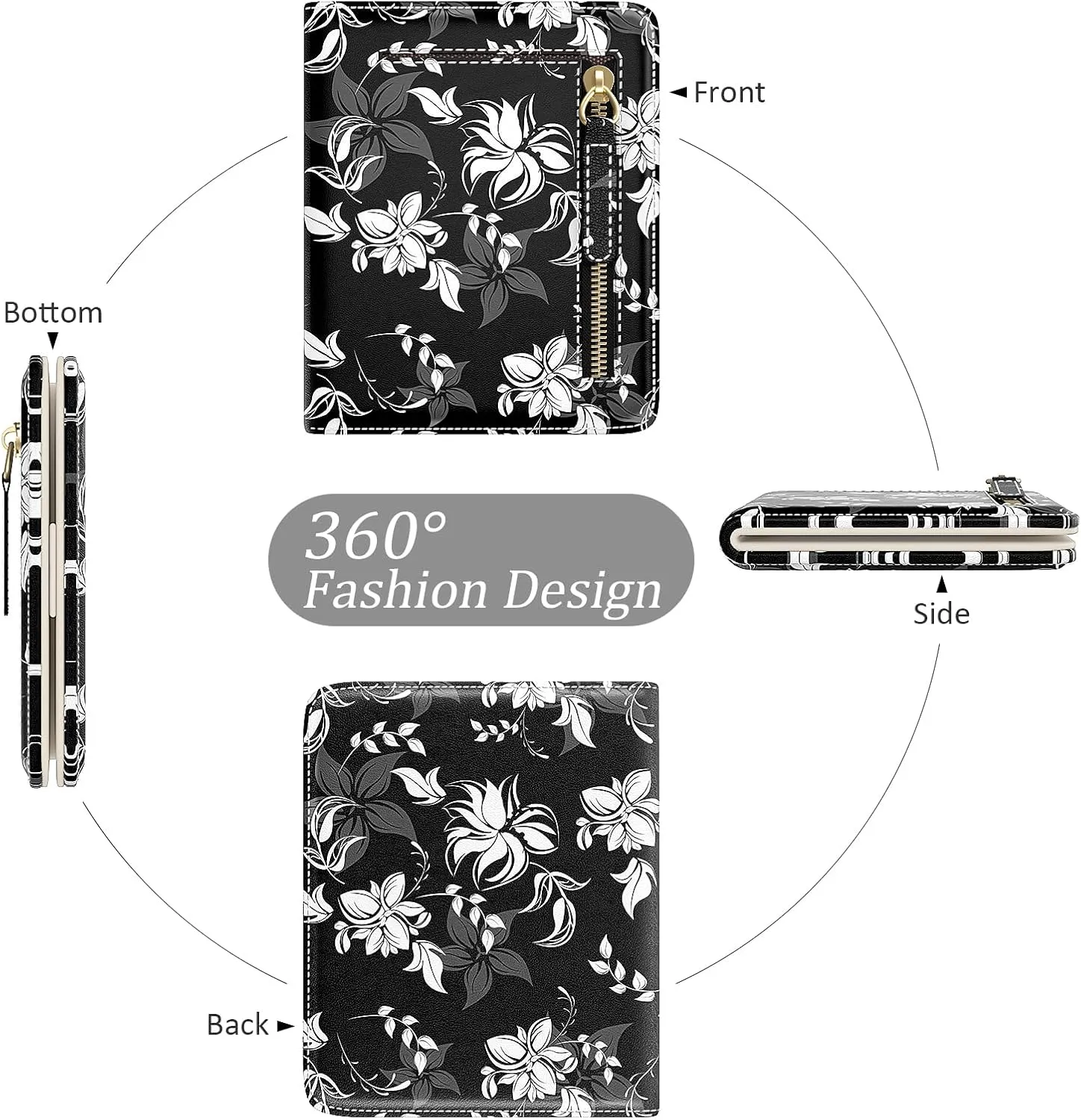 Small Wallet Women, Cute Flower Theme RFID Blocking Credit Card Holder for Women, Leather Billfold Slim Card Holder Wallets for Travel, Thin Bifold Pocket Mini Purse with ID Window, Black