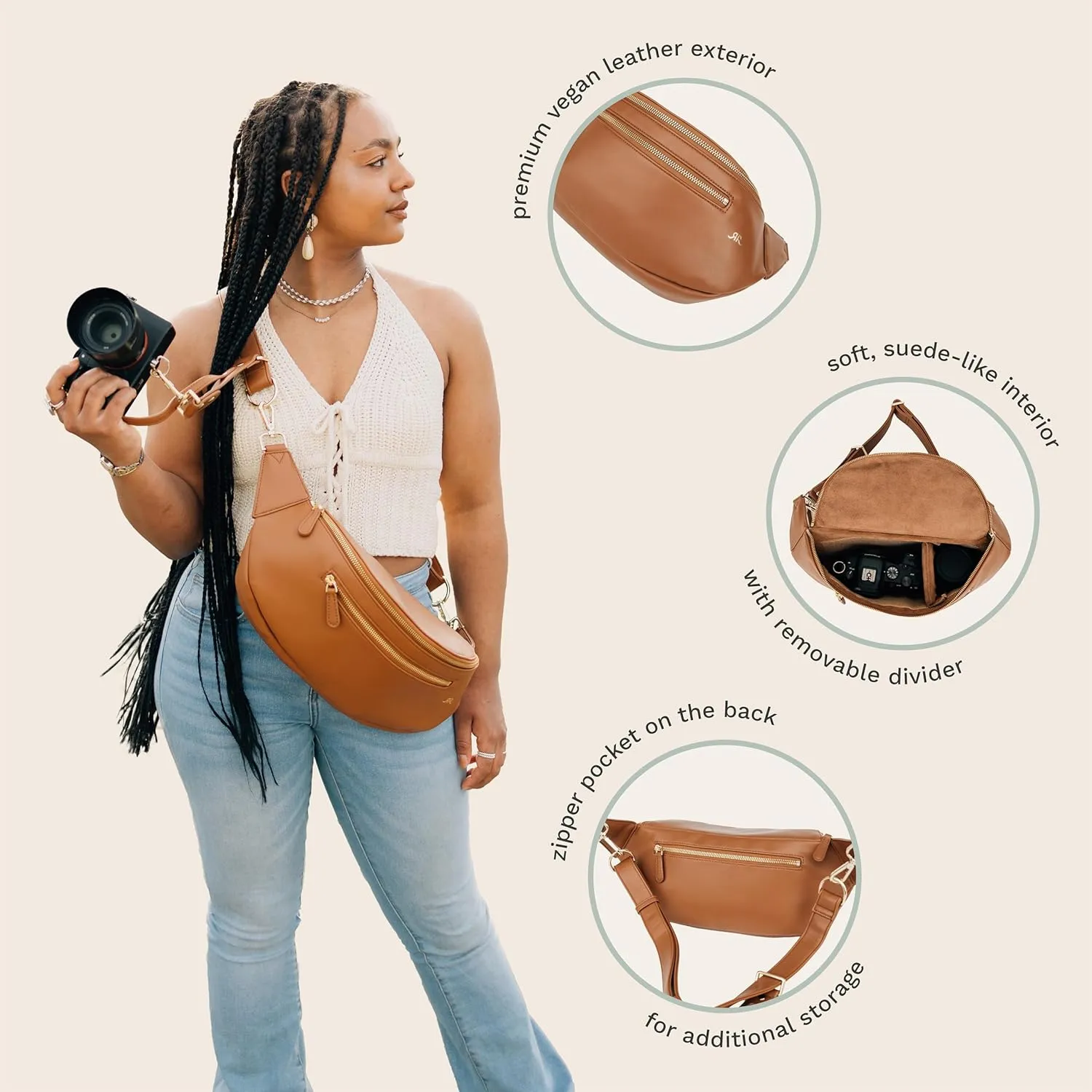 The Sidekick Camera Bag  Compact, Vegan Leather, Hands-Free Crossbody with Protective Suede Interior, Gray