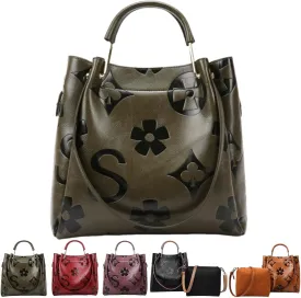 Women Large Tote Bag with Pouch Set of 2 Trendy Retro Floral Embossed Shoulder Handbag Crossbody Bucket Purse Fashion