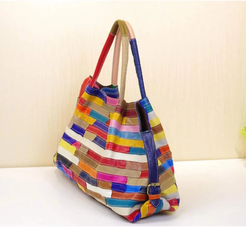 Womens Multicolor Boston Bag Genuine Leather Colorful Large Tote Handbag Purse