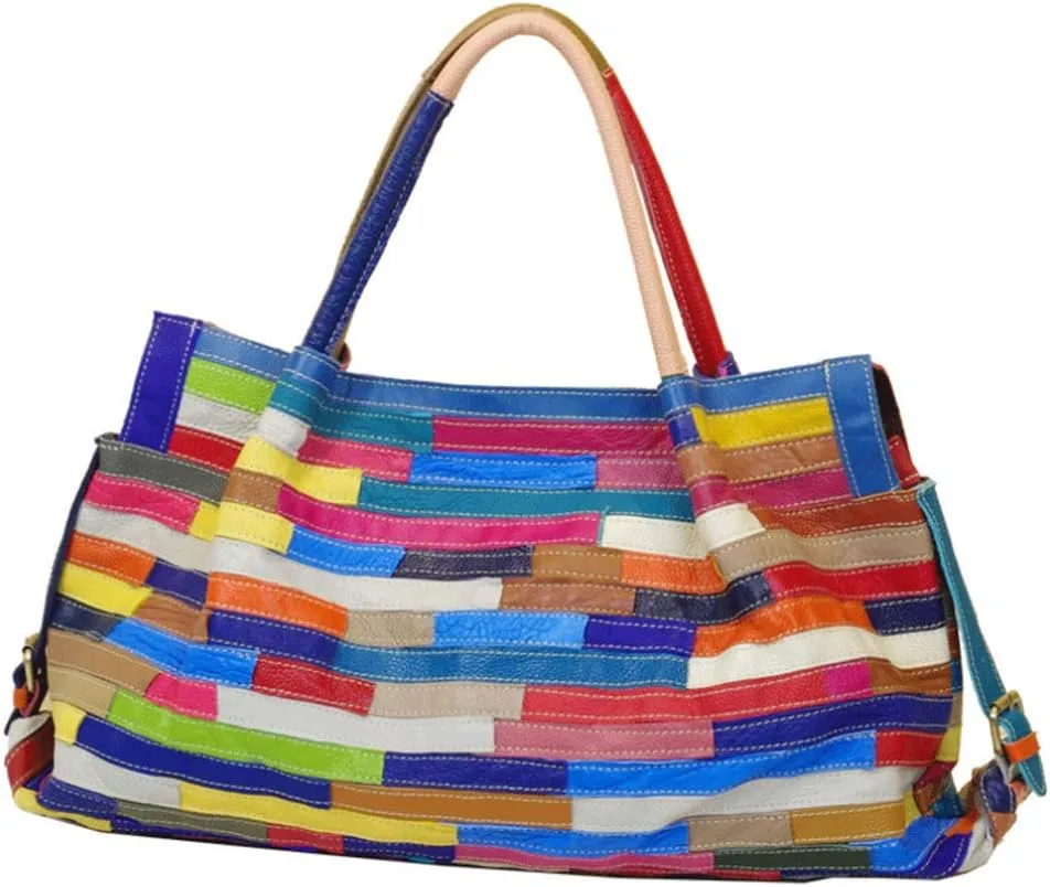 Womens Multicolor Boston Bag Genuine Leather Colorful Large Tote Handbag Purse