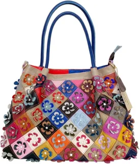 Womens Multicolor Floral Tote Bag Big Genuine Leather Colorful 3D Shoulder Bag